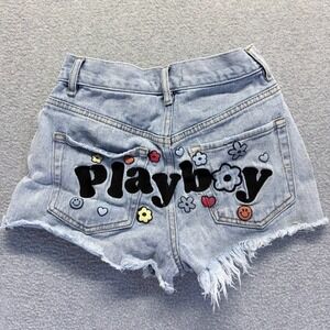 Pacsun Playboy Shorts Womens 24 Blue Cutoffs Button Fly Distress Festival Denim